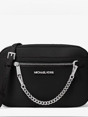 Michael Kors Black Leather Crossbody with Silver Chain Detail